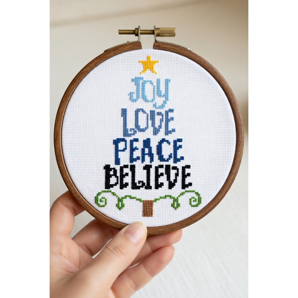 Holiday Merry Christmas Tree Peace Joy Love Counted Cross Stitch Pattern KIT - Picture 3 of 5